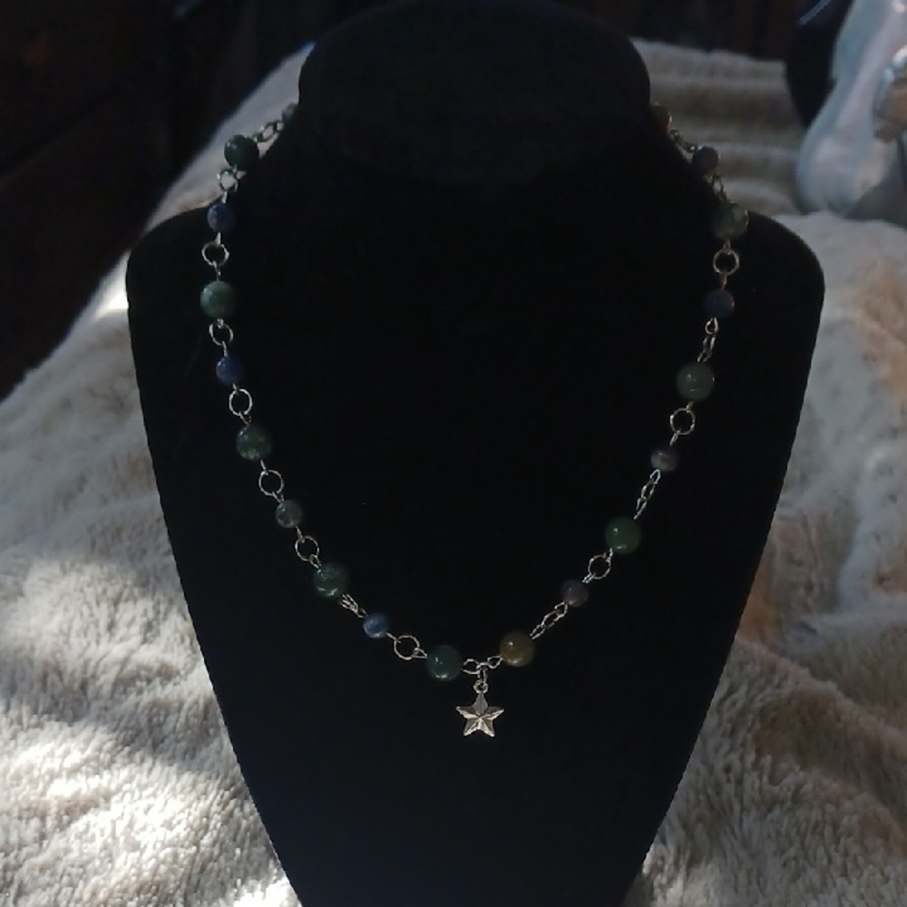 Handmade Silver and Green Beaded Necklace